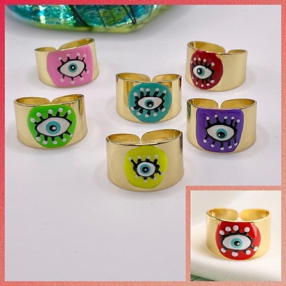 Boho Evil Eye Enamel and Copper Adjustable Ring #1300 RED - Picture 1 of 14
